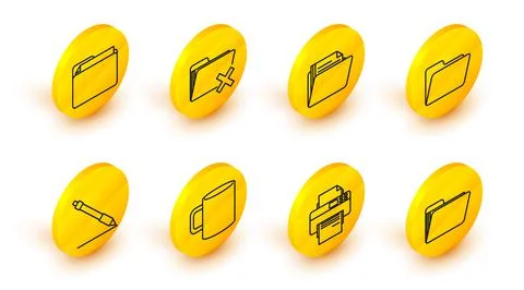 Set line Document folder, Printer, Coffee cup flat, Pen line, Delete and icon Stock Illustration