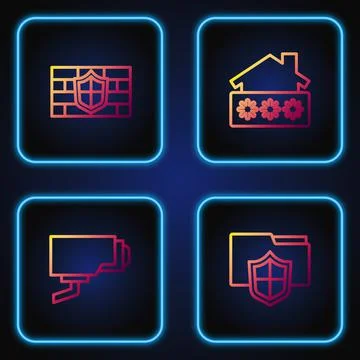Set line Document folder protection, Security camera, Shield with brick wall and Stock Illustration