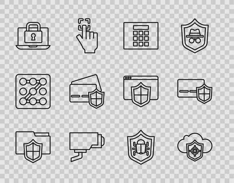 Set line Document folder protection, Cloud and shield, Password, Security camera Stock Illustration