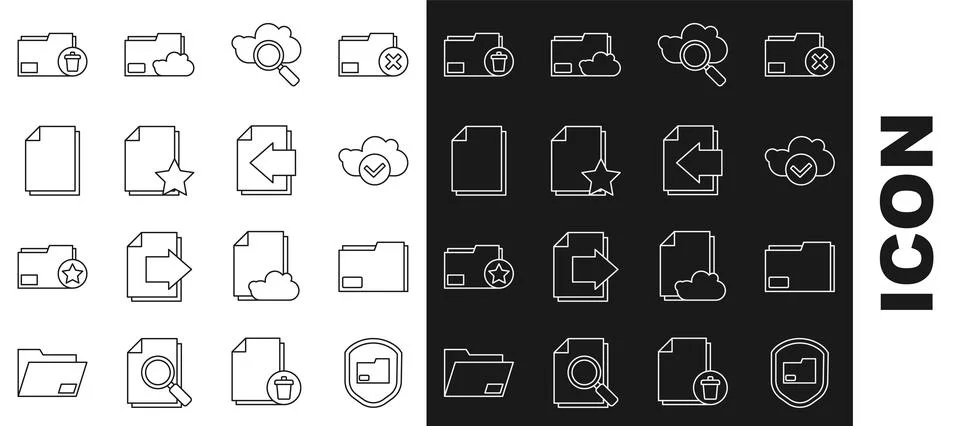Set line Document folder protection, Cloud with check mark, Search cloud Stockillustratie