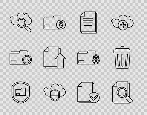 Set line Document folder protection, with search, Cloud and shield, Search cloud Stock Illustration