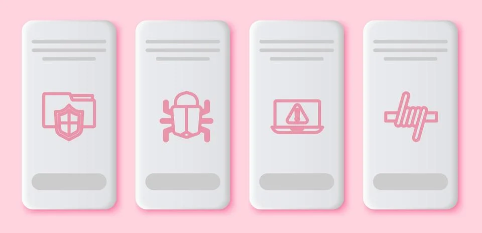 Set line Document folder protection, System bug, Laptop with exclamation mark Stock Illustration