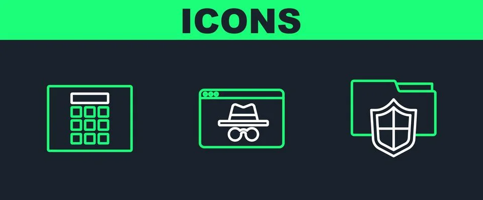 Set line Document folder protection, Password and Browser incognito window icon Stock Illustration