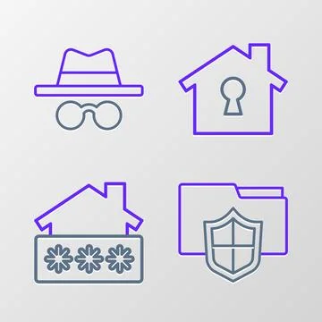 Set line Document folder protection, House with password, under and Incognito Stock Illustration