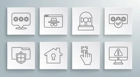 Set line Document folder protection, Browser incognito window, House under Stock Illustration