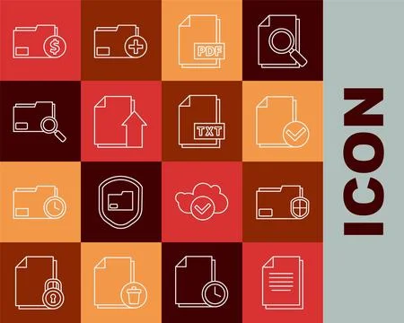 Set line Document, folder protection, and check mark, PDF file document, Up.. Illustrazione stock