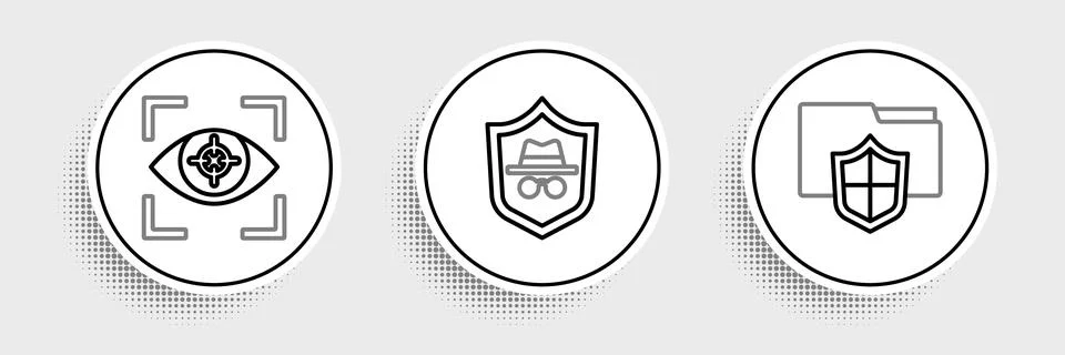 Set line Document folder protection, Eye scan and Incognito mode icon. Vector Stock Illustration
