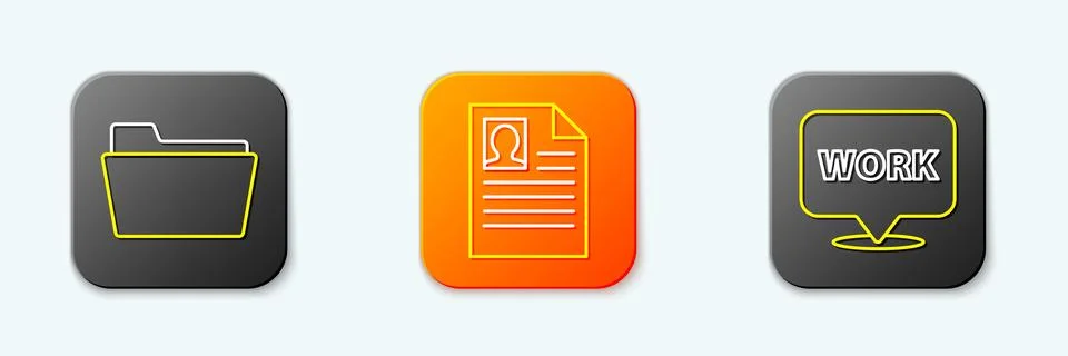 Set line Document folder, Resume and Location with text work icon. Vector Stock Illustration