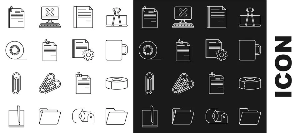 Set line Document folder, Scotch, Coffee cup, File document, Note paper wit.. Ilustração Stock