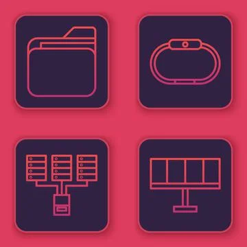 Set line Document folder, Server, Data, Web Hosting, Smartwatch and Solar energy Illustrazione stock