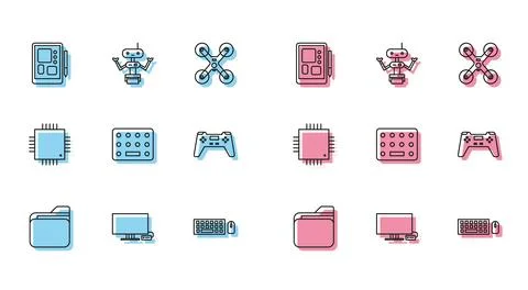 Set line Document folder, Smart Tv, Graphic tablet, Keyboard and mouse, Pills in 스톡 일러스트