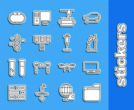 Set line Document folder, Smart Tv, Test tube flask on fire, Factory conveyor Illustrazione stock