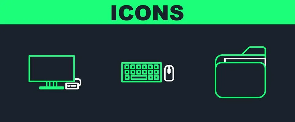 Set line Document folder, Smart Tv and Keyboard and mouse icon. Vector Stock Illustration