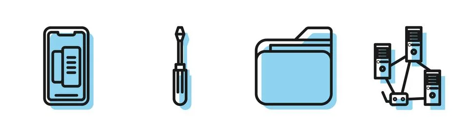 Set line Document folder, Smartphone, mobile phone, Screwdriver and Computer 스톡 일러스트