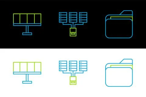 Set line Document folder, Solar energy panel and Server, Data, Web Hosting .. Illustrazione stock