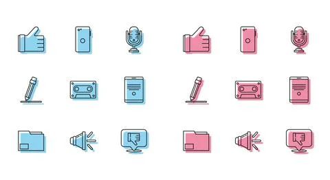 Set line Document folder, Speaker volume, Hand like, Dislike in speech bubble Illustrazione stock