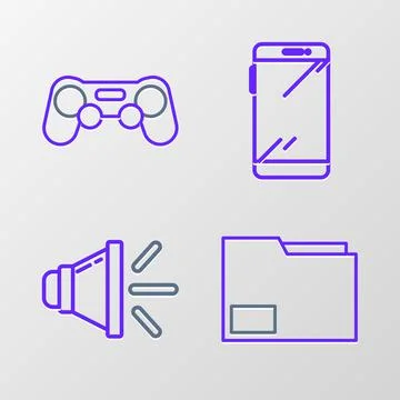 Set line Document folder, Speaker volume, Smartphone, mobile phone and Gamepa Stock Illustration