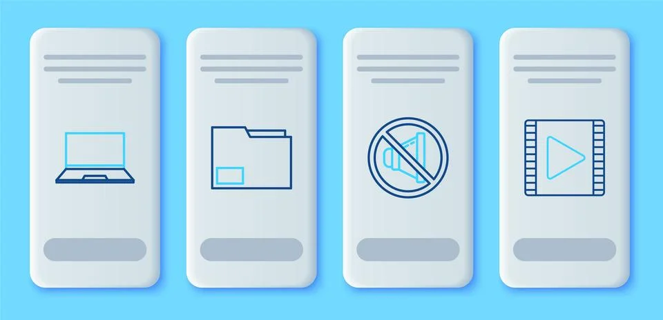 Set line Document folder, Speaker mute, Laptop and Play Video icon. Vector Stock Illustration