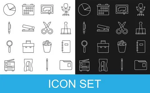 Set line Document folder, Spiral notebook, Binder clip, Certificate template Stock Illustration