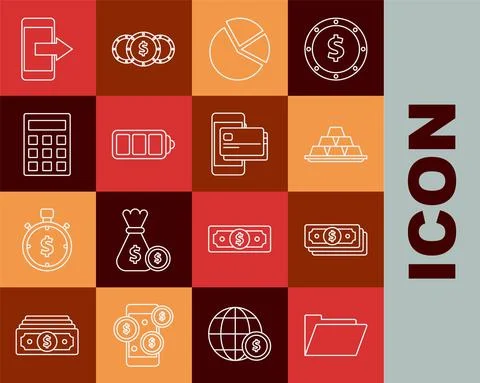 Set line Document folder, Stacks paper money cash, Gold bars, Pie chart Stock Illustration