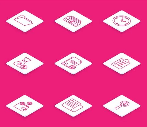 Set line Document folder, Stacks paper money cash, Clock, Money bag and coin Illustrazione stock