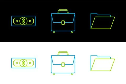 Set line Document folder, Stacks paper money cash and Briefcase icon. Vector Stock Illustration