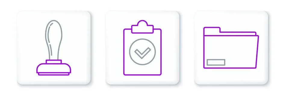Set line Document folder, Stamp and Completed task icon. Vector Stock Illustration