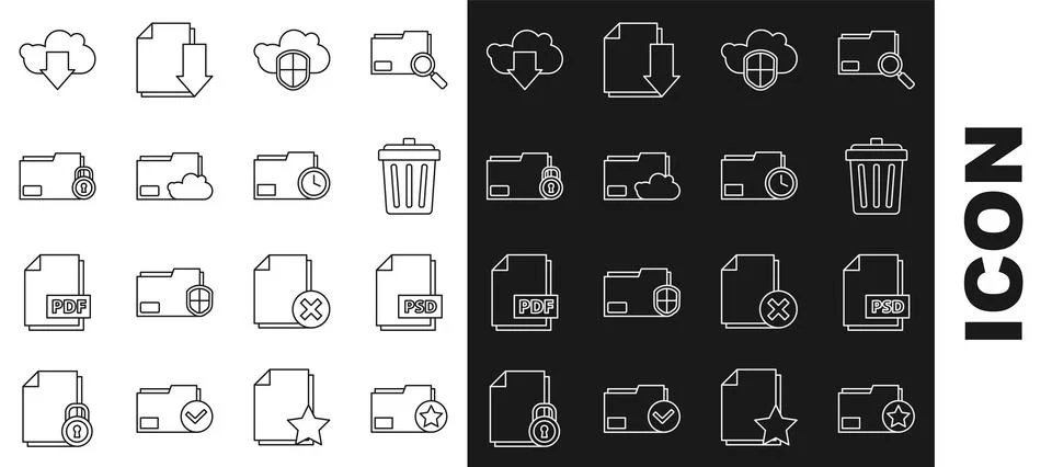 Set line Document folder with star, PSD file document, Trash can, Cloud and Illustrazione stock