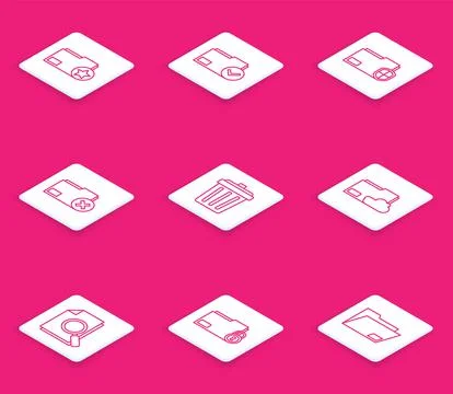 Set line Document folder with star, and check mark, protection, Delete, Trash Stock Illustration