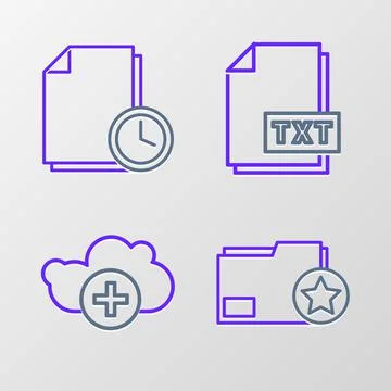 Set line Document folder with star, Add cloud, TXT file document and clock ic Illustrazione stock