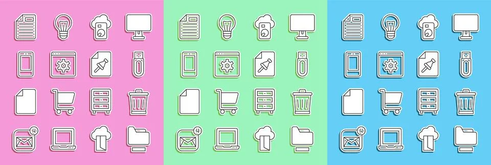 Set line Document folder, Trash can, USB flash drive, Cloud database, Browser Stock Illustration