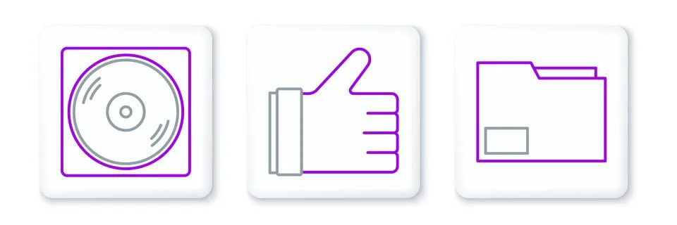Set line Document folder, Vinyl disk and Hand like icon. Vector Stock Illustration