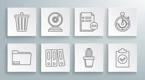 Set line Document folder, Web camera, Office folders with papers and documents Stock Illustration