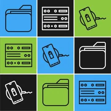Set line Document folder, Wireless charger and Server, Data, Web Hosting icon Stock Illustration