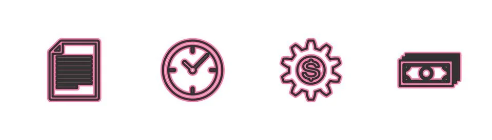 Set line Document, Gear with dollar symbol, Clock and Stacks paper money cash Illustrazione stock