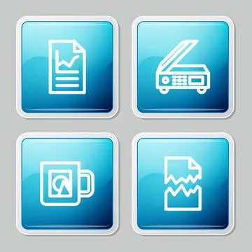 Set line Document with graph chart, Scanner, Coffee cup and Torn document icon Stock Illustration