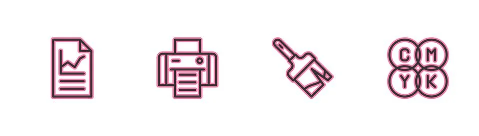 Set line Document with graph chart, Paint brush, Printer and CMYK color mixin Illustrazione stock