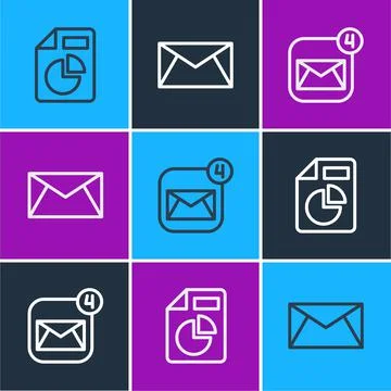 Set line Document with graph chart, Envelope and Mail and e-mail icon. Vector Stock Illustration