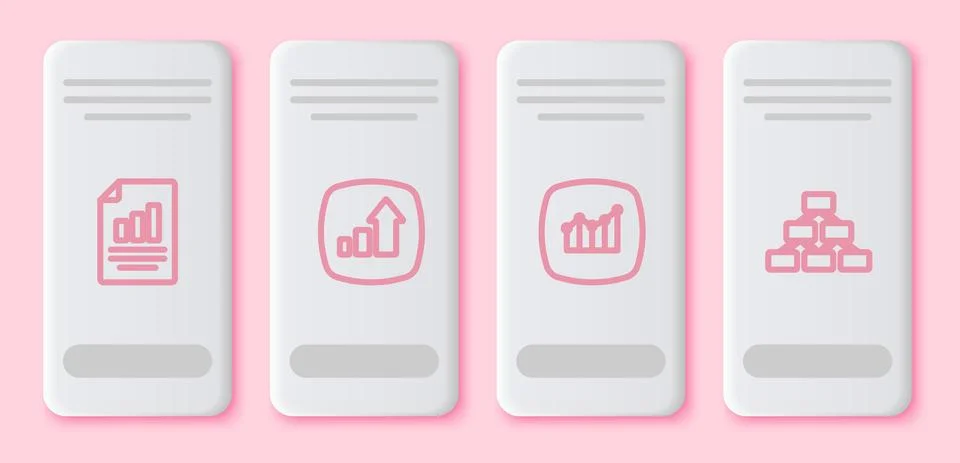 Set line Document with graph chart, Financial growth, and Hierarchy organogram Stock Illustration