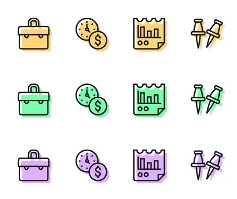 Set line Document with graph chart, Briefcase, Time is money and Push pin icon Illustrazione stock