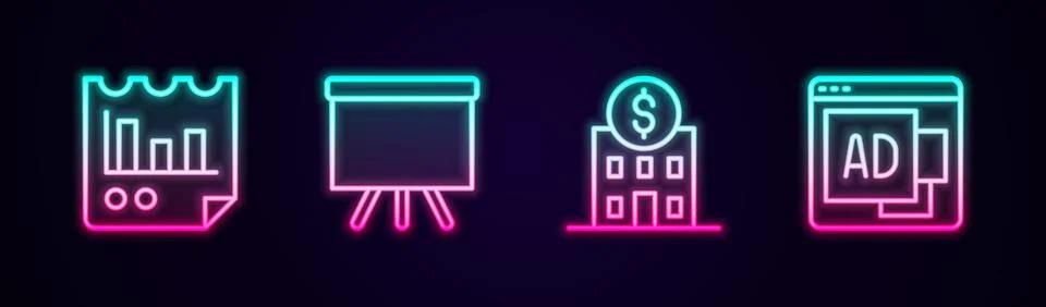 Set line Document with graph chart, Chalkboard, Bank building and Advertising Ilustración de archivo