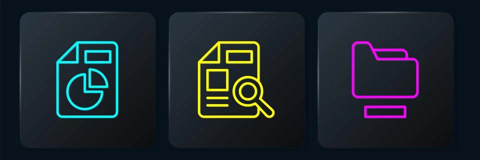 Set line Document with graph chart, folder and . Black square button. Vector Stock Illustration