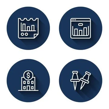 Set line Document with graph chart, Browser stocks market, Bank building and Ilustración de archivo