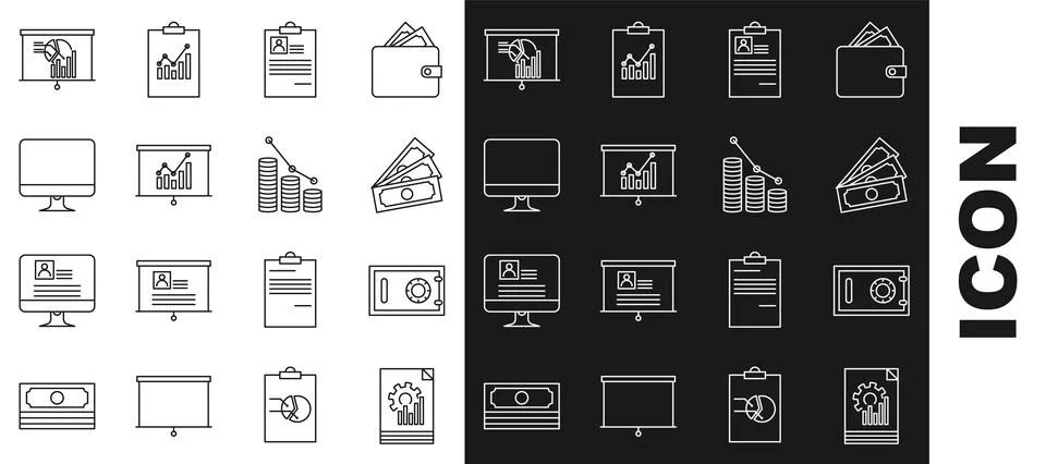 Set line Document with graph chart, Safe, Stacks paper money cash, Clipboard Illustrazione stock