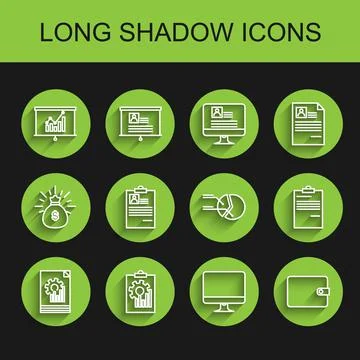 Set line Document with graph chart, Clipboard, Board, Computer monitor screen 스톡 일러스트