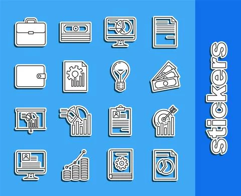 Set line Document with graph chart, Target, Stacks paper money cash, Computer 库存插图