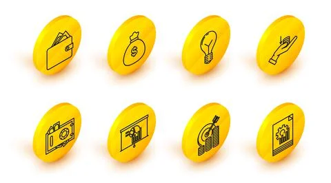 Set line Document with graph chart, Target coin symbol, Board, Safe and money Stock Illustration