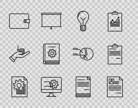 Set line Document with graph chart, Resume, Light bulb concept of idea, Computer Illustrazione stock