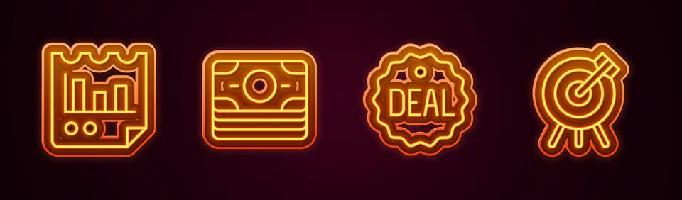 Set line Document with graph chart, Stacks paper money cash, Deal and Target Stock Illustration