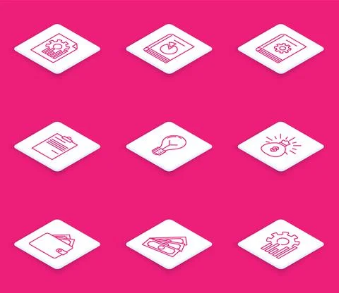 Set line Document with graph chart, User manual, Light bulb concept of idea Stockillustratie